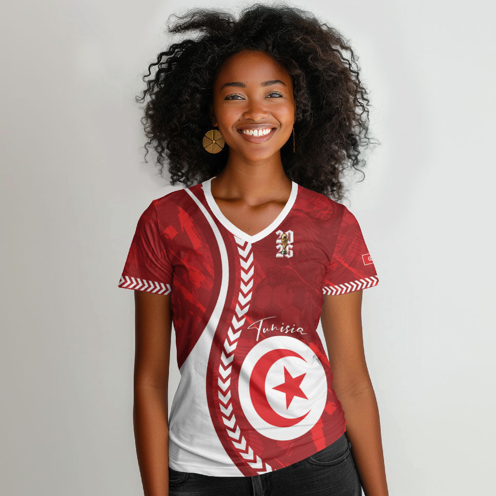 Custom Tunisia 2026 World Football Women V-Neck T-Shirt Eagles of Carthage Go Champions