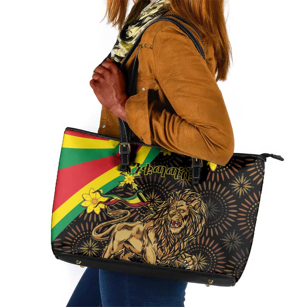 Enkutatash Ethiopia New Year Leather Tote Bag Lion of Judah Adey Abeba Flower