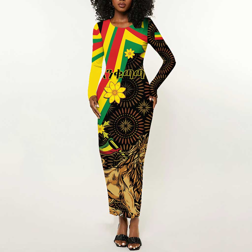 Enkutatash Ethiopia New Year Long Sleeve Bodycon Dress Lion of Judah Adey Abeba Flower