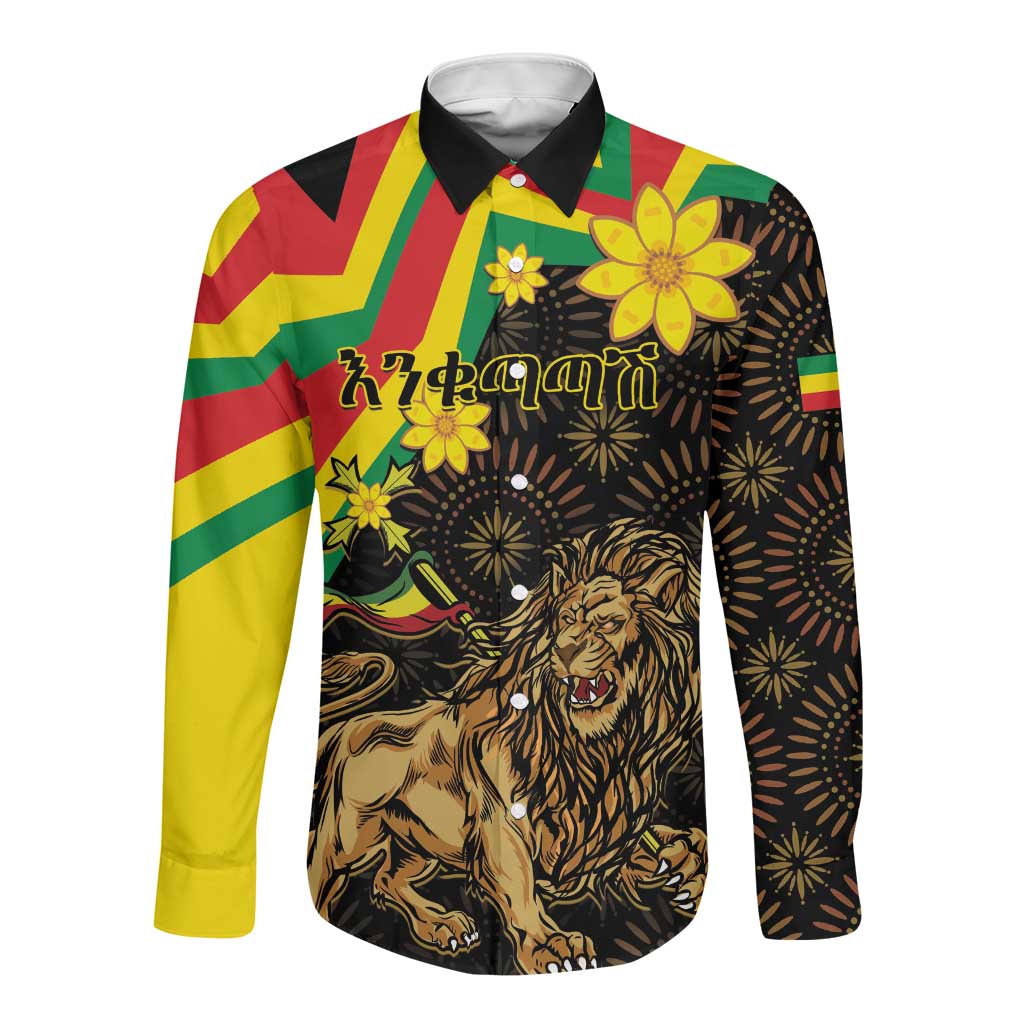 Enkutatash Ethiopia New Year Long Sleeve Button Shirt Lion of Judah Adey Abeba Flower