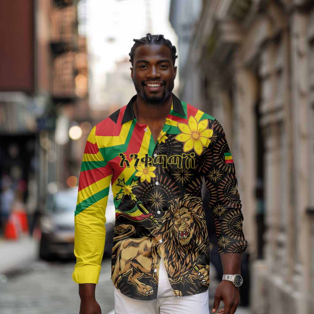 Enkutatash Ethiopia New Year Long Sleeve Button Shirt Lion of Judah Adey Abeba Flower
