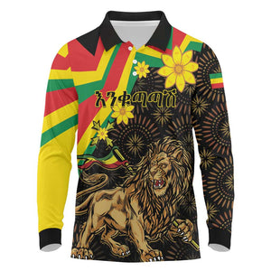 Enkutatash Ethiopia New Year Long Sleeve Polo Shirt Lion of Judah Adey Abeba Flower