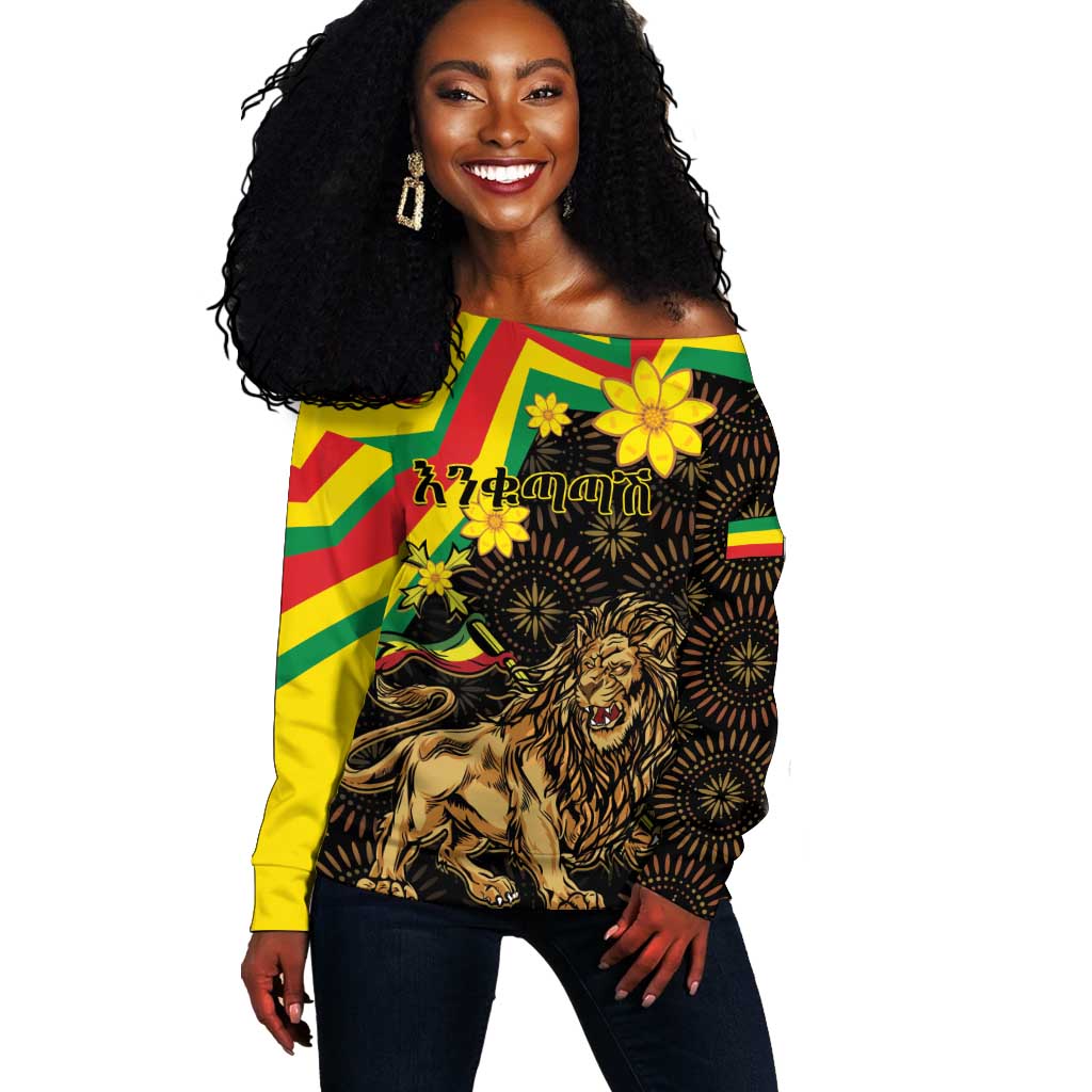 Enkutatash Ethiopia New Year Off Shoulder Sweater Lion of Judah Adey Abeba Flower