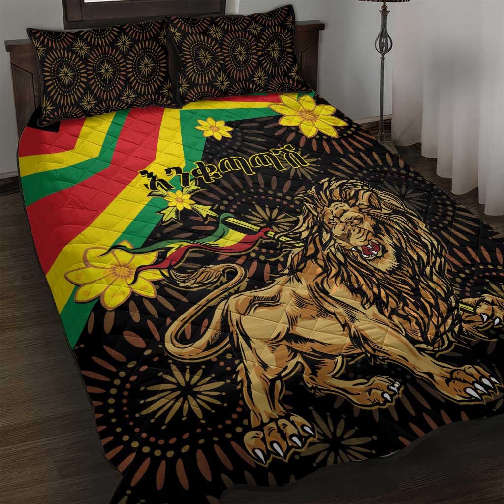 Enkutatash Ethiopia New Year Quilt Bed Set Lion of Judah Adey Abeba Flower