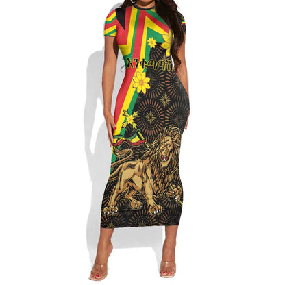 Enkutatash Ethiopia New Year Short Sleeve Bodycon Dress Lion of Judah Adey Abeba Flower LT01