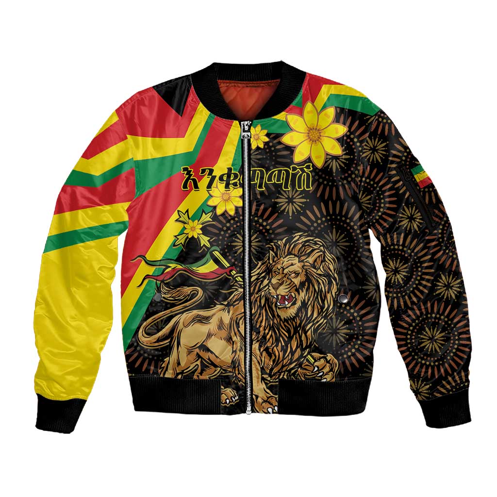 Enkutatash Ethiopia New Year Sleeve Zip Bomber Jacket Lion of Judah Adey Abeba Flower