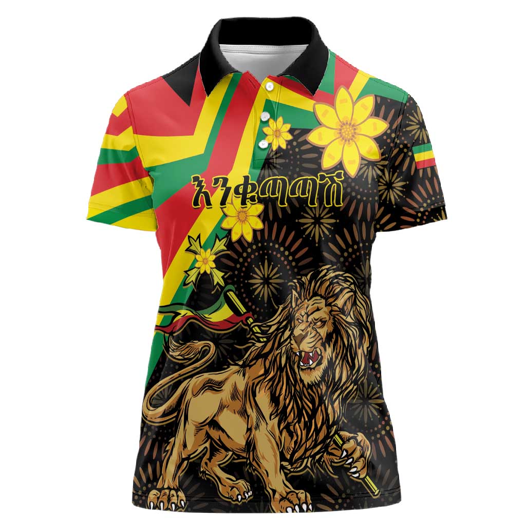 Enkutatash Ethiopia New Year Women Polo Shirt Lion of Judah Adey Abeba Flower