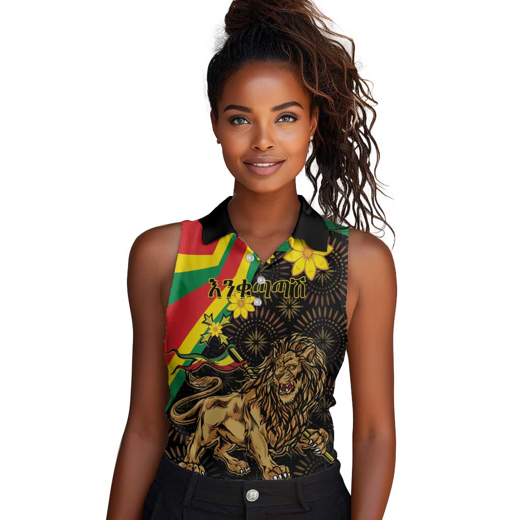 Enkutatash Ethiopia New Year Women Sleeveless Polo Shirt Lion of Judah Adey Abeba Flower