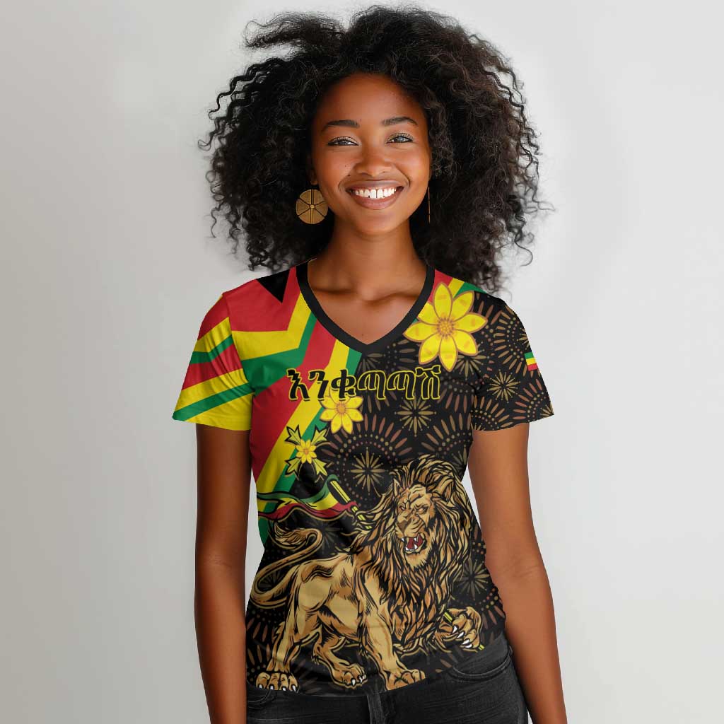 Enkutatash Ethiopia New Year Women V-Neck T-Shirt Lion of Judah Adey Abeba Flower