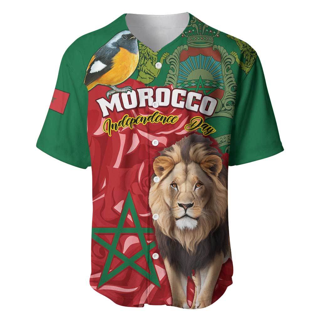 Morocco Independence Day Baseball Jersey with Barbary Lion and Moussier's Redstart