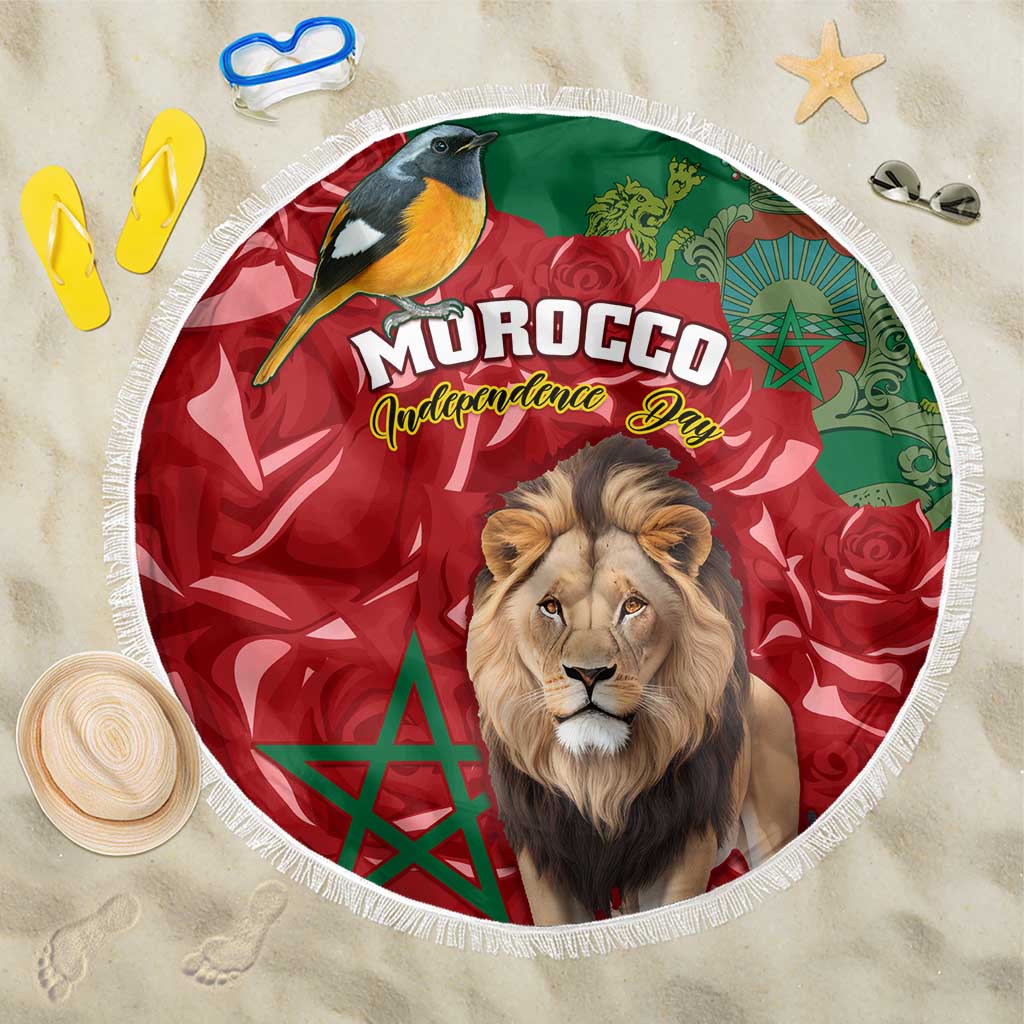 Morocco Independence Day Beach Blanket with Barbary Lion and Moussier's Redstart