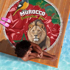 Morocco Independence Day Beach Blanket with Barbary Lion and Moussier's Redstart