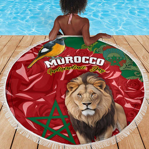 Morocco Independence Day Beach Blanket with Barbary Lion and Moussier's Redstart