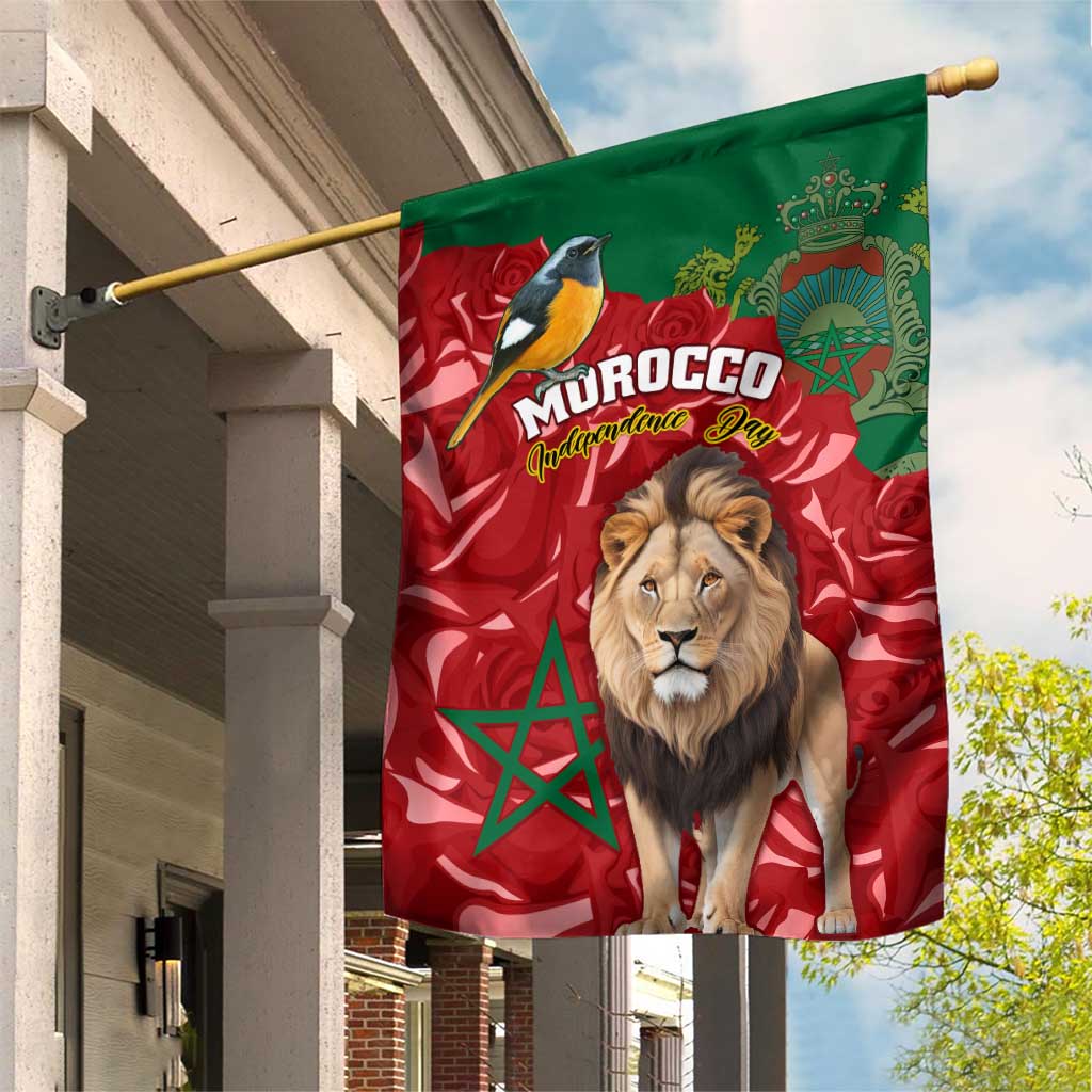 Morocco Independence Day Garden Flag with Barbary Lion and Moussier's Redstart