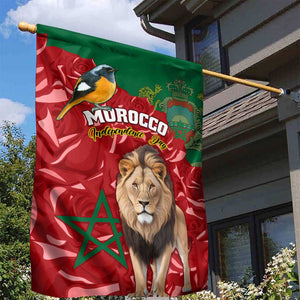 Morocco Independence Day Garden Flag with Barbary Lion and Moussier's Redstart