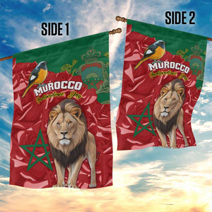 Morocco Independence Day Garden Flag with Barbary Lion and Moussier's Redstart