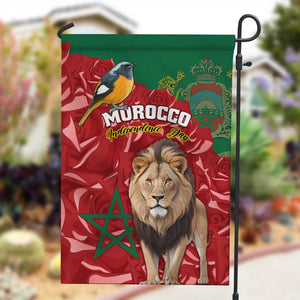 Morocco Independence Day Garden Flag with Barbary Lion and Moussier's Redstart