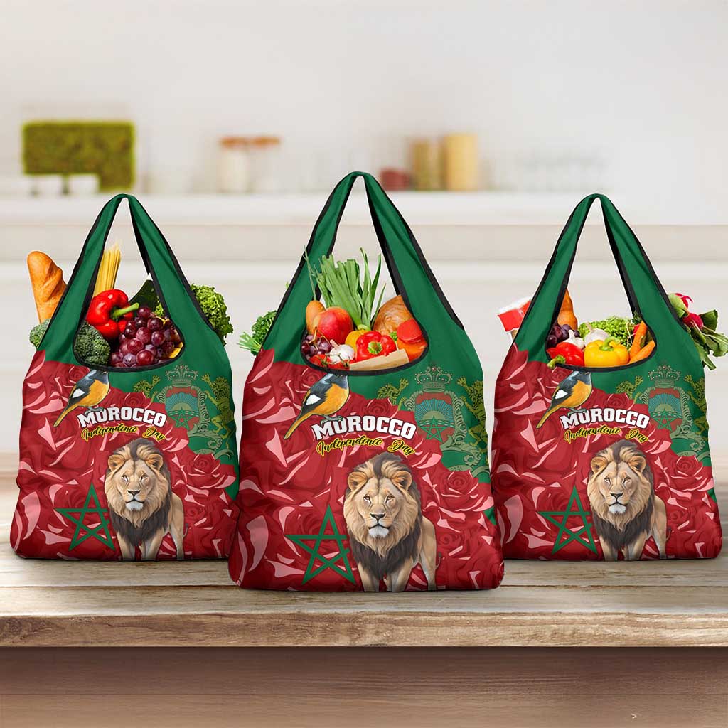 Morocco Independence Day Grocery Bag with Barbary Lion and Moussier's Redstart