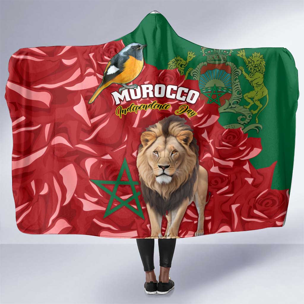 Morocco Independence Day Hooded Blanket with Barbary Lion and Moussier's Redstart