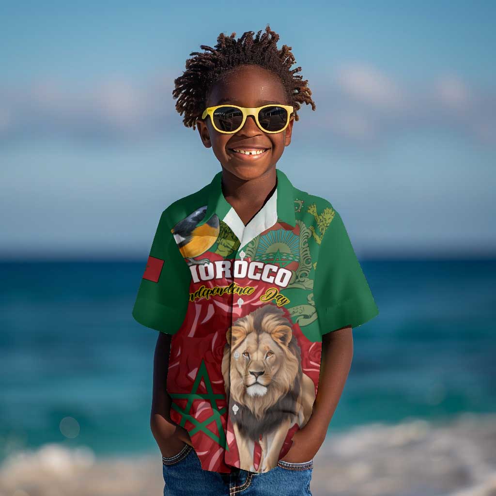 Morocco Independence Day Kid Hawaiian Shirt with Barbary Lion and Moussier's Redstart