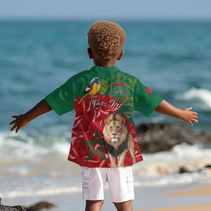 Morocco Independence Day Kid Hawaiian Shirt with Barbary Lion and Moussier's Redstart