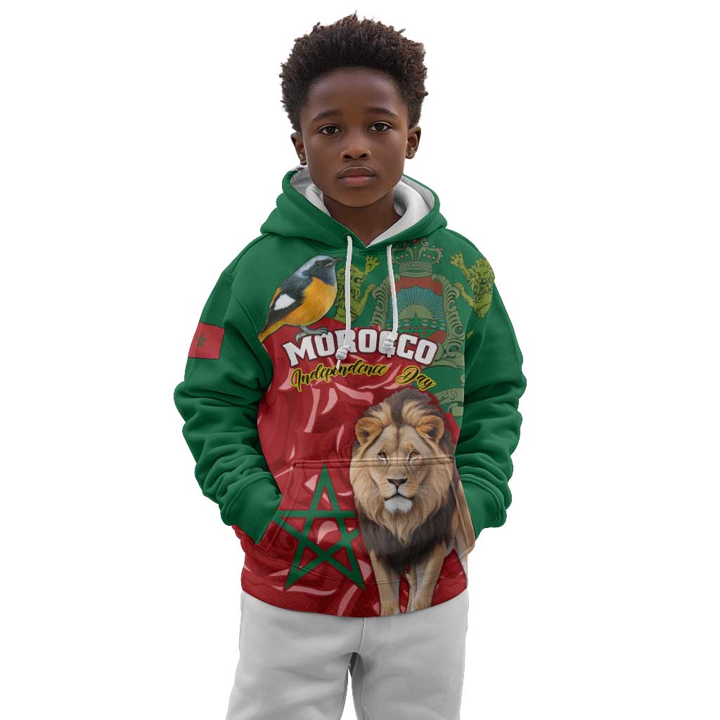 Morocco Independence Day Kid Hoodie with Barbary Lion and Moussier's Redstart