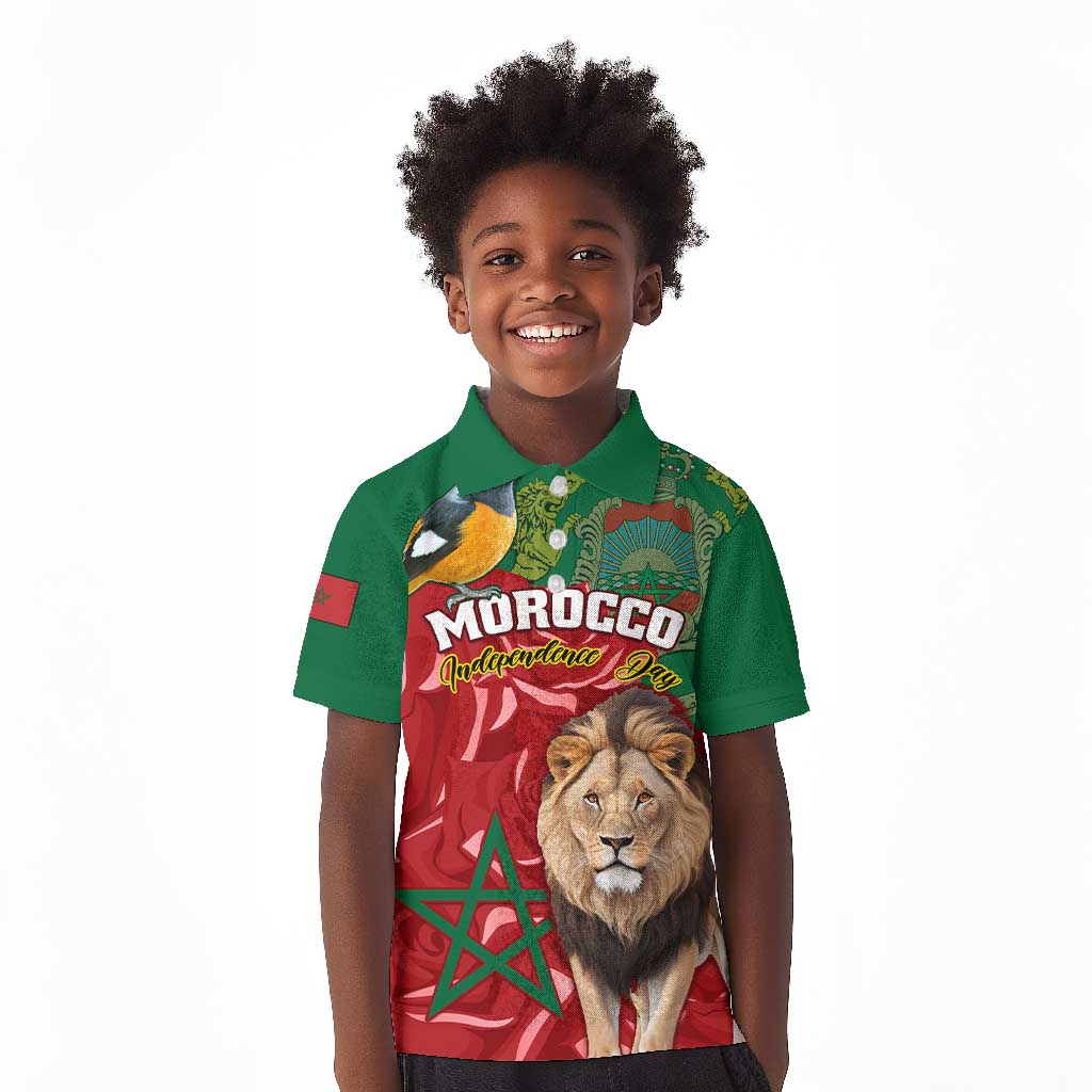 Morocco Independence Day Kid Polo Shirt with Barbary Lion and Moussier's Redstart