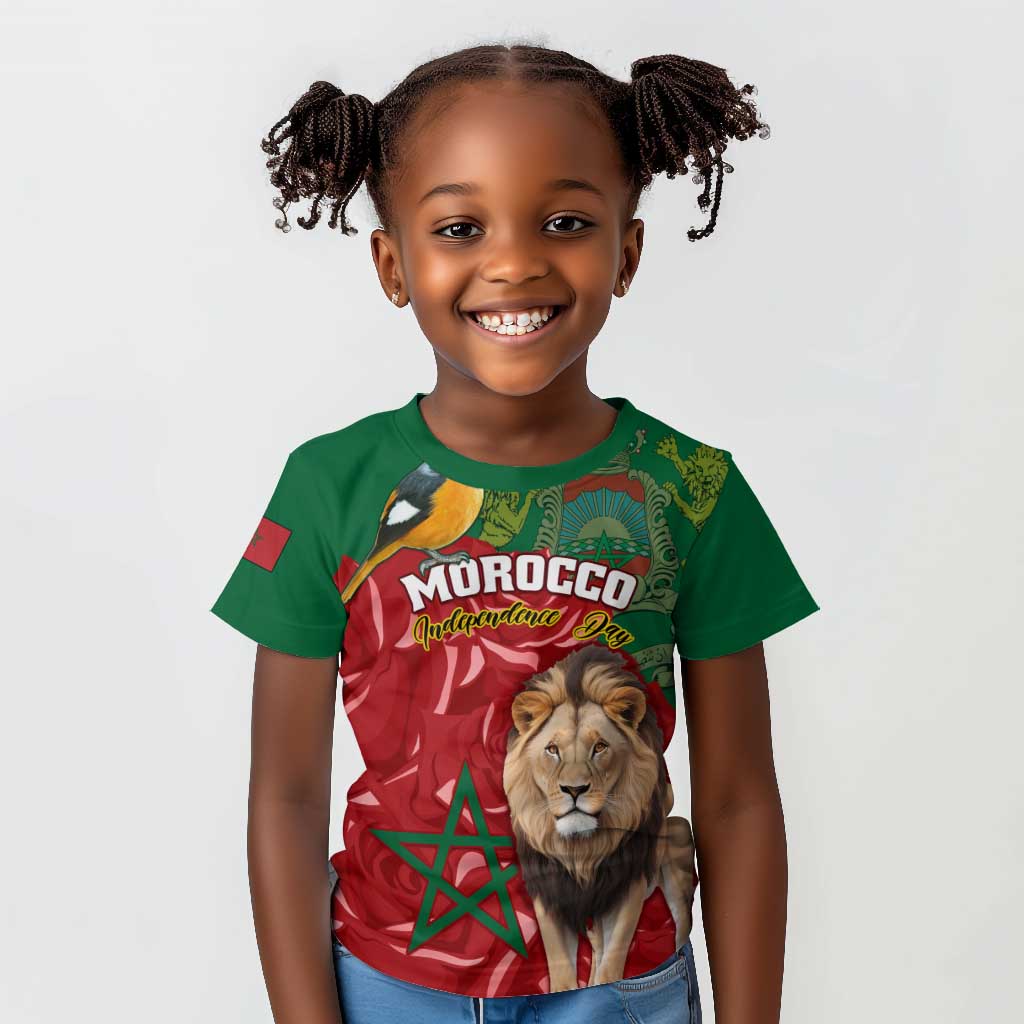 Morocco Independence Day Kid T shirt with Barbary Lion and Moussier's Redstart