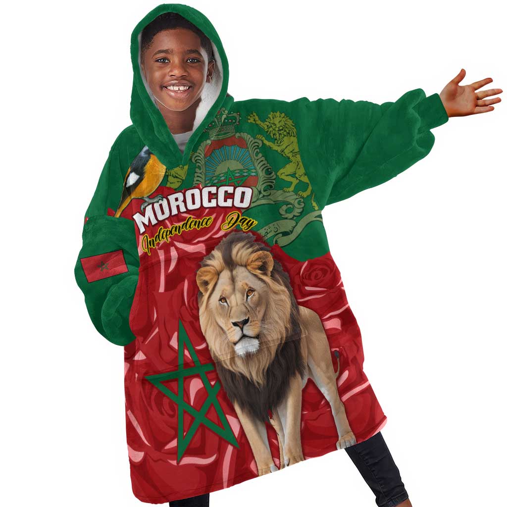 Morocco Independence Day KId Wearable Blanket Hoodie with Barbary Lion and Moussier's Redstart