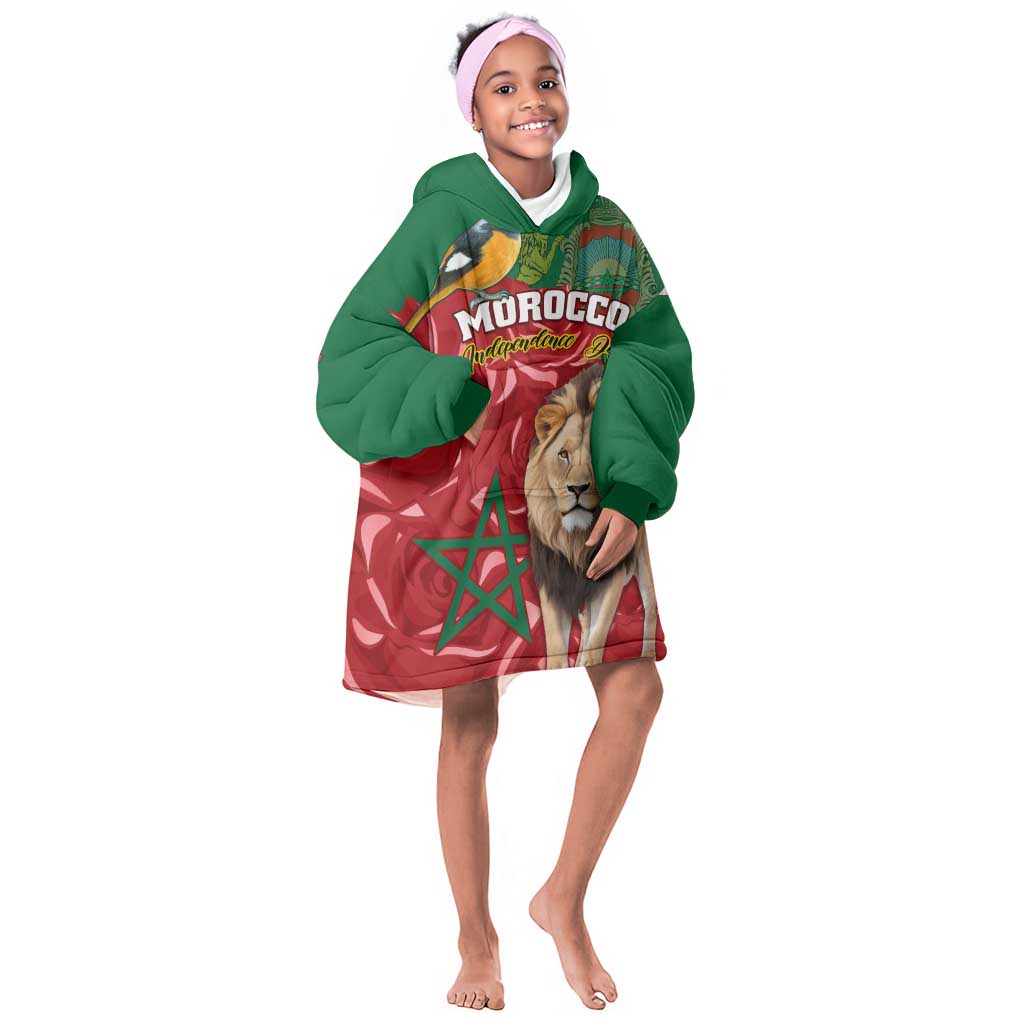 Morocco Independence Day KId Wearable Blanket Hoodie with Barbary Lion and Moussier's Redstart
