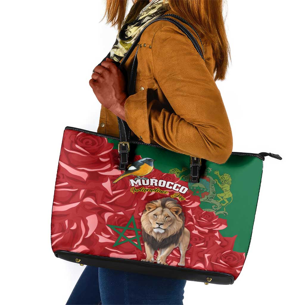 Morocco Independence Day Leather Tote Bag with Barbary Lion and Moussier's Redstart