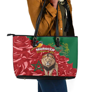 Morocco Independence Day Leather Tote Bag with Barbary Lion and Moussier's Redstart