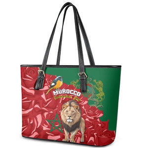 Morocco Independence Day Leather Tote Bag with Barbary Lion and Moussier's Redstart