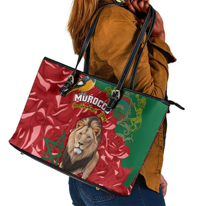 Morocco Independence Day Leather Tote Bag with Barbary Lion and Moussier's Redstart