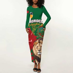 Morocco Independence Day Long Sleeve Bodycon Dress with Barbary Lion and Moussier's Redstart