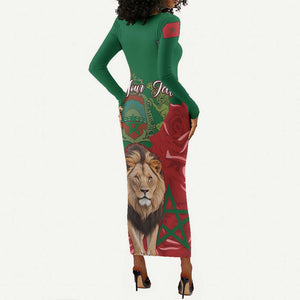 Morocco Independence Day Long Sleeve Bodycon Dress with Barbary Lion and Moussier's Redstart