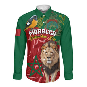 Morocco Independence Day Long Sleeve Button Shirt with Barbary Lion and Moussier's Redstart