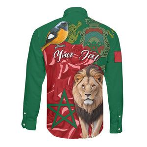 Morocco Independence Day Long Sleeve Button Shirt with Barbary Lion and Moussier's Redstart