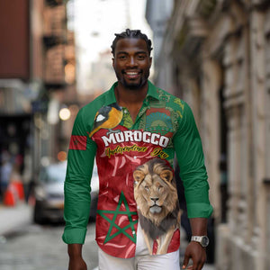 Morocco Independence Day Long Sleeve Button Shirt with Barbary Lion and Moussier's Redstart