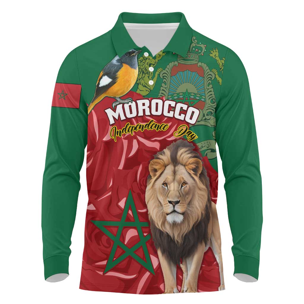 Morocco Independence Day Long Sleeve Polo Shirt with Barbary Lion and Moussier's Redstart