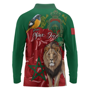 Morocco Independence Day Long Sleeve Polo Shirt with Barbary Lion and Moussier's Redstart