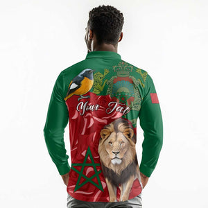 Morocco Independence Day Long Sleeve Polo Shirt with Barbary Lion and Moussier's Redstart