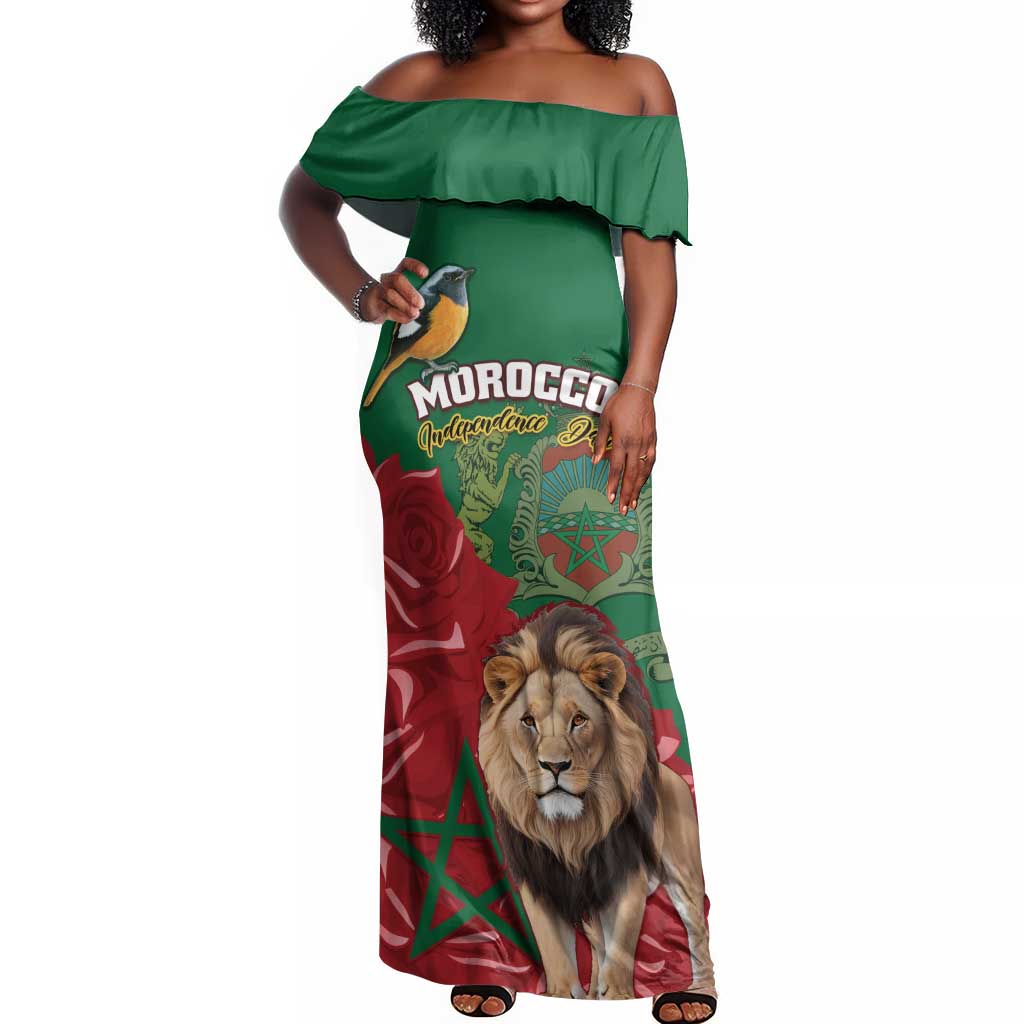 Morocco Independence Day Off Shoulder Maxi Dress with Barbary Lion and Moussier's Redstart