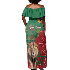 Morocco Independence Day Off Shoulder Maxi Dress with Barbary Lion and Moussier's Redstart