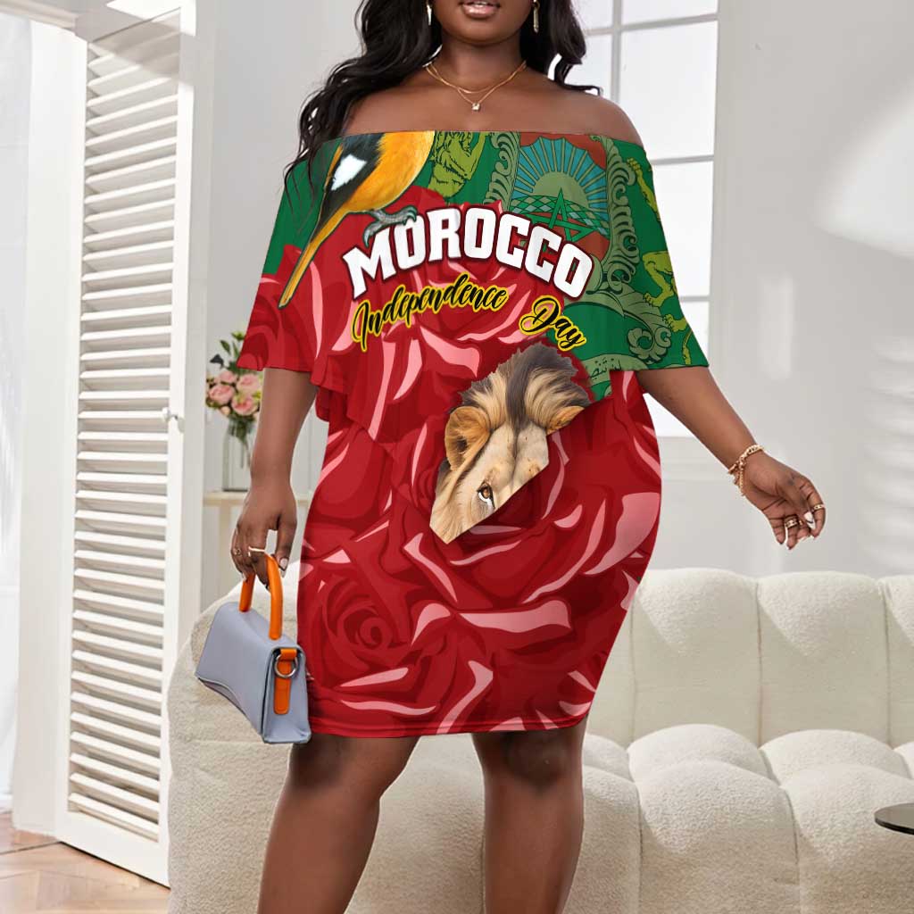 Morocco Independence Day Off Shoulder Short Dress with Barbary Lion and Moussier's Redstart LT01