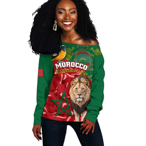 Morocco Independence Day Off Shoulder Sweater with Barbary Lion and Moussier's Redstart