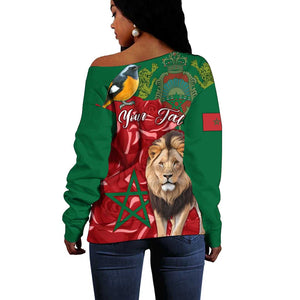 Morocco Independence Day Off Shoulder Sweater with Barbary Lion and Moussier's Redstart