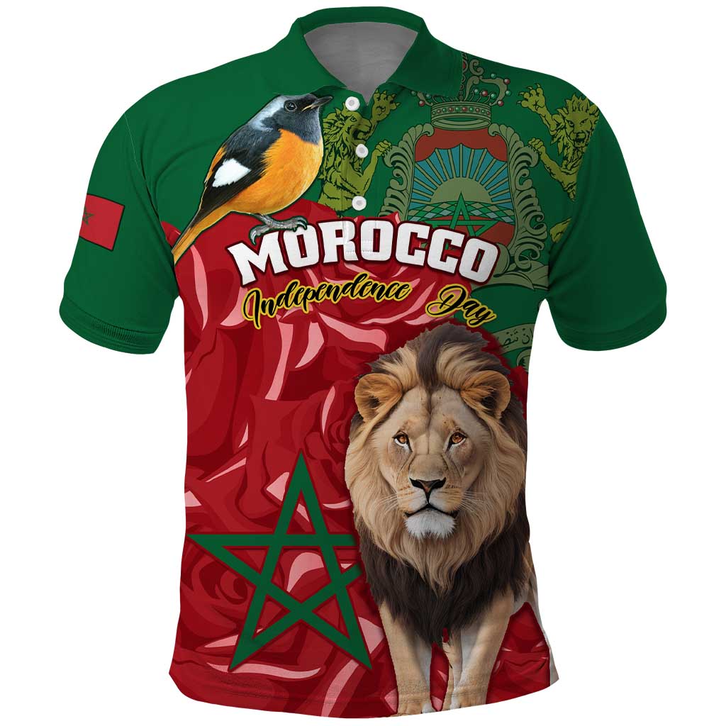 Morocco Independence Day Polo Shirt with Barbary Lion and Moussier's Redstart