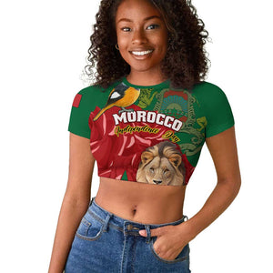 Morocco Independence Day Raglan Cropped T shirt with Barbary Lion and Moussier's Redstart