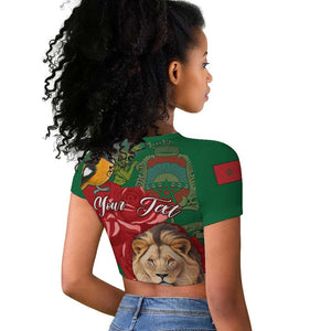 Morocco Independence Day Raglan Cropped T shirt with Barbary Lion and Moussier's Redstart